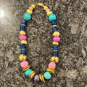 Women’s Necklace Varied Colorful Beads Gold Tone Disks Turquoise Purple Navy EUC